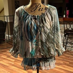 Size medium blue patterned blouse with sheer 3/4 length sleeves